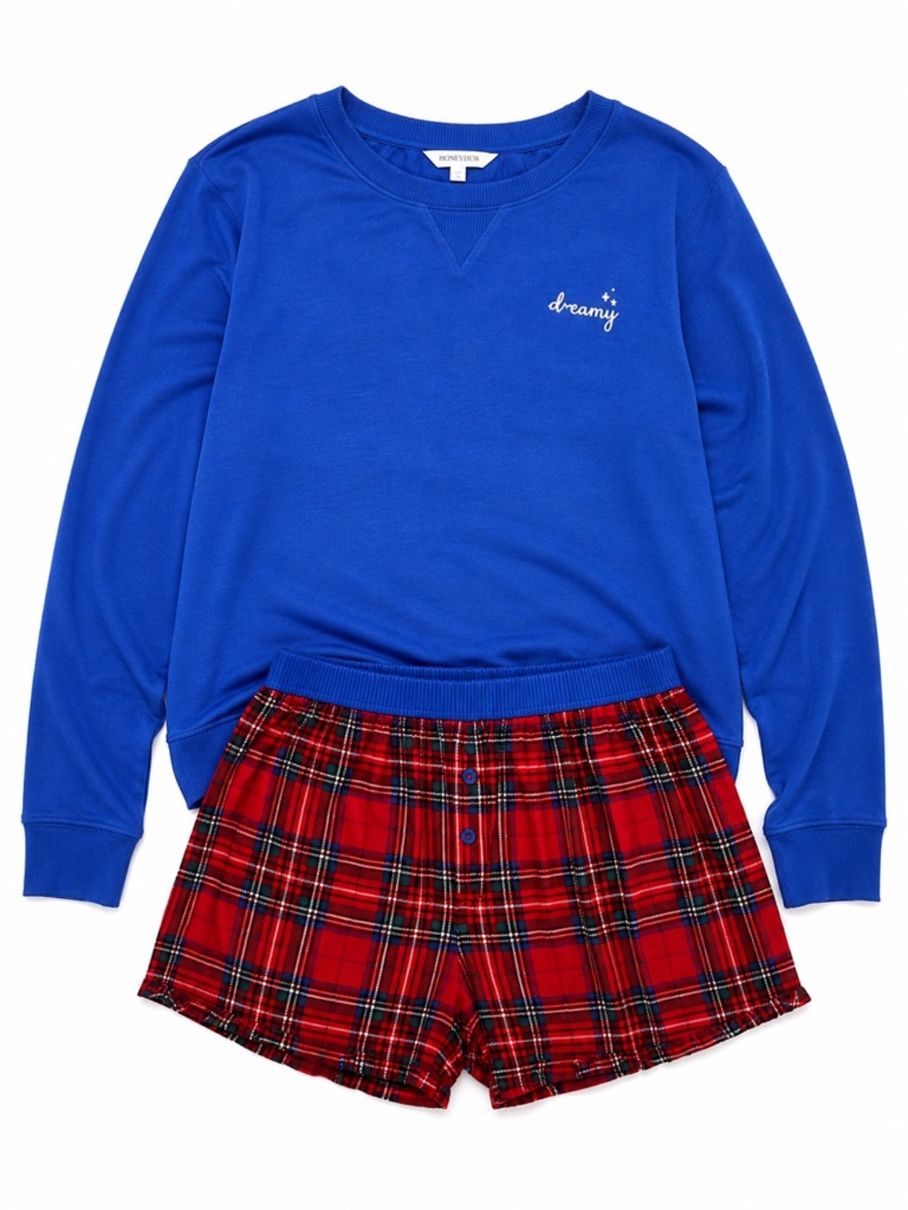 New - Honeydew Intimates Blue Long-Sleeve 'Dreamy' Top with Red Plaid Shorts